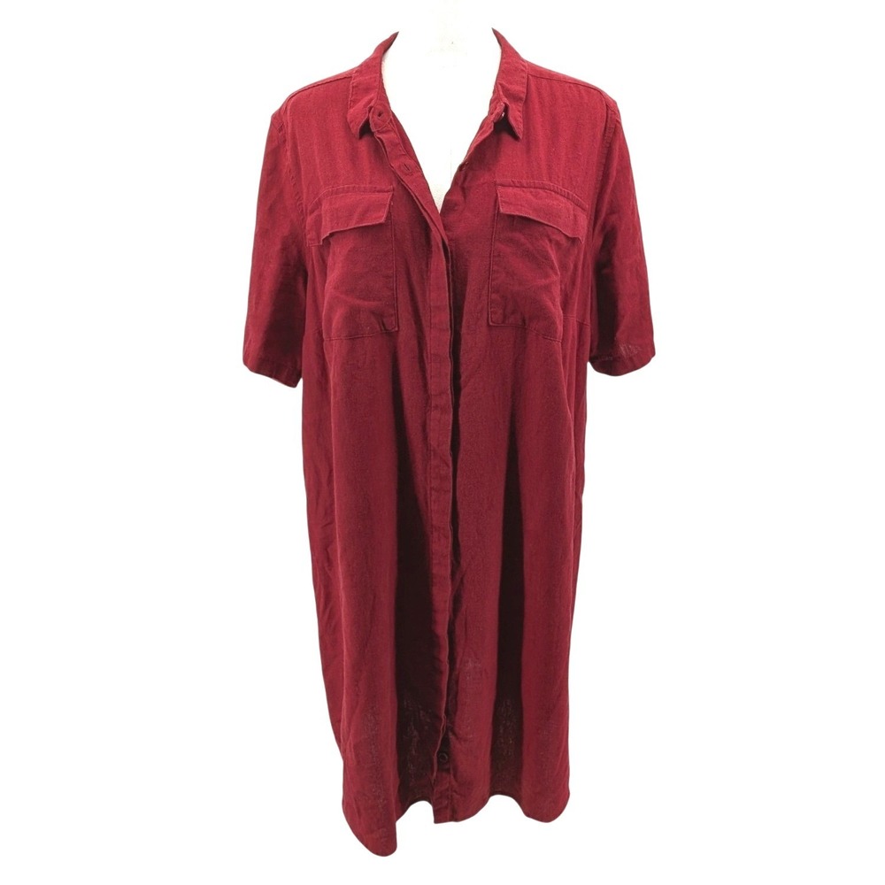 Ellos Linen Rayon Shirt Dress Button Front Utility Pockets Burgundy Size 18